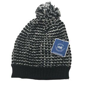 Winter Essentials Women's One Size Black/White Knit Beanie Hat With Pom New